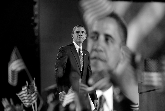 President-elect Barack Obama looks out over the crowd of thousands gathered at Grant Park in Chicago on November 4, 2008.