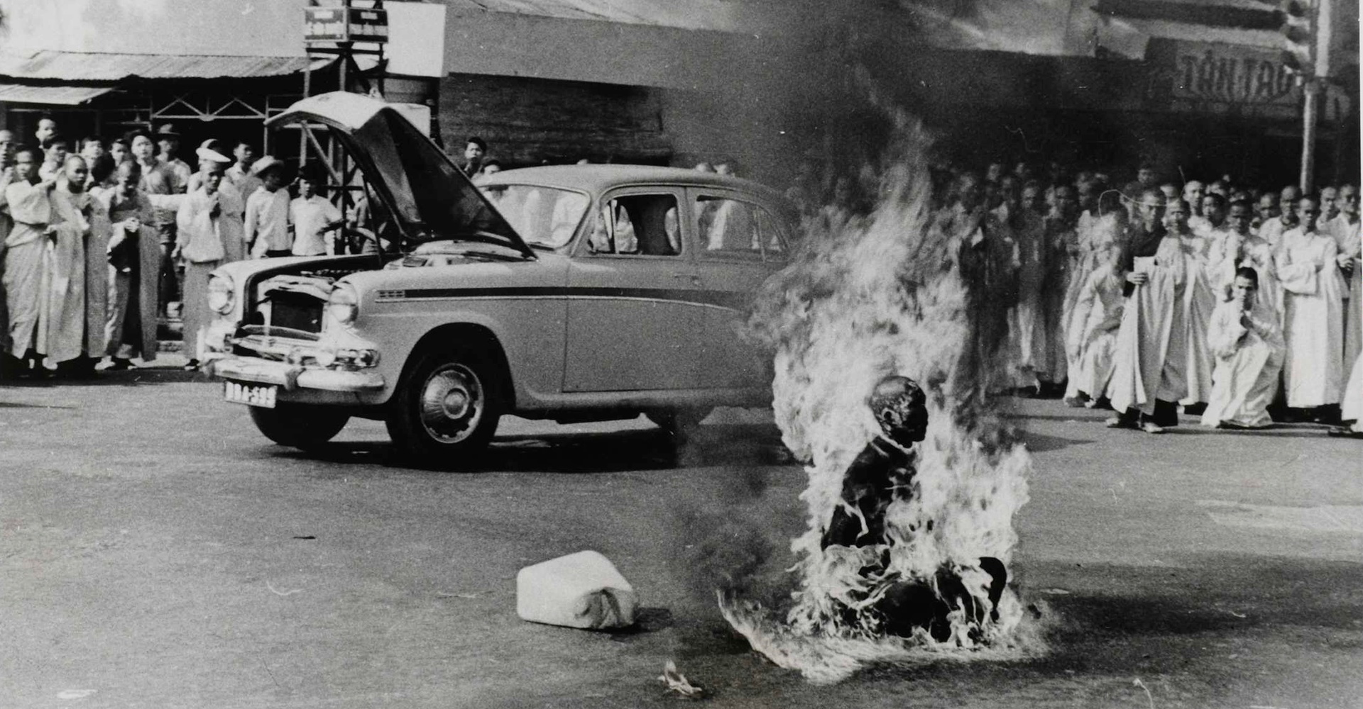 Buddhist monk Thich Quang Duc sets himself ablaze in protest against alleged religious persecution by the South Vietnamese government, Saigon - June 1963