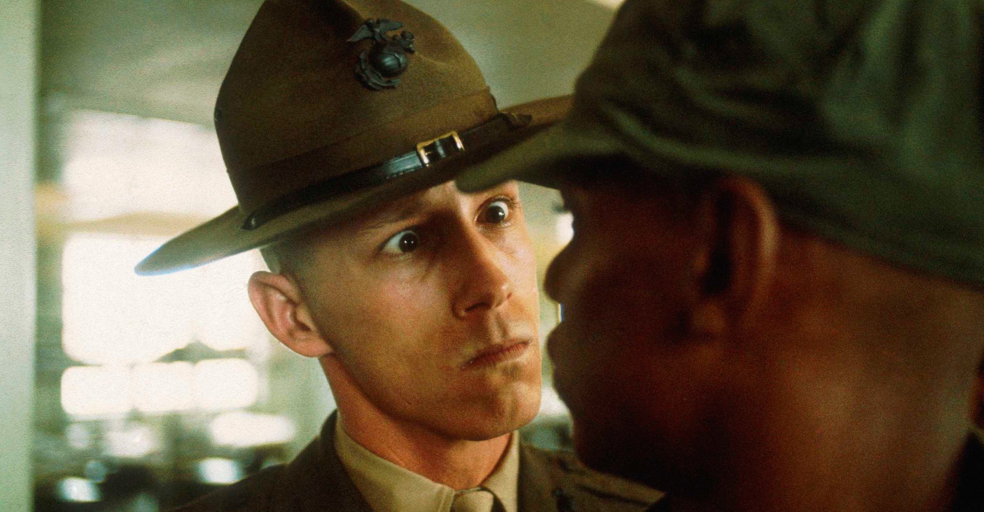 A U.S. Marine drill sergeant delivers a severe reprimand to a recruit - Parris Island, South Carolina