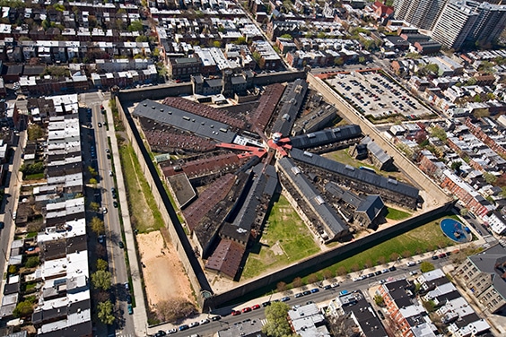 Aerial (Helicopter) view of Eastern State Penitentiary, Philadelphia, PA - April 2008